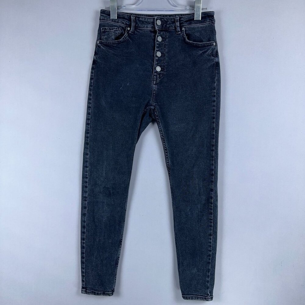 Bershka Skinny Jeans Womens Size 8 High Rise Stretch Button Fly Dark Wash Black